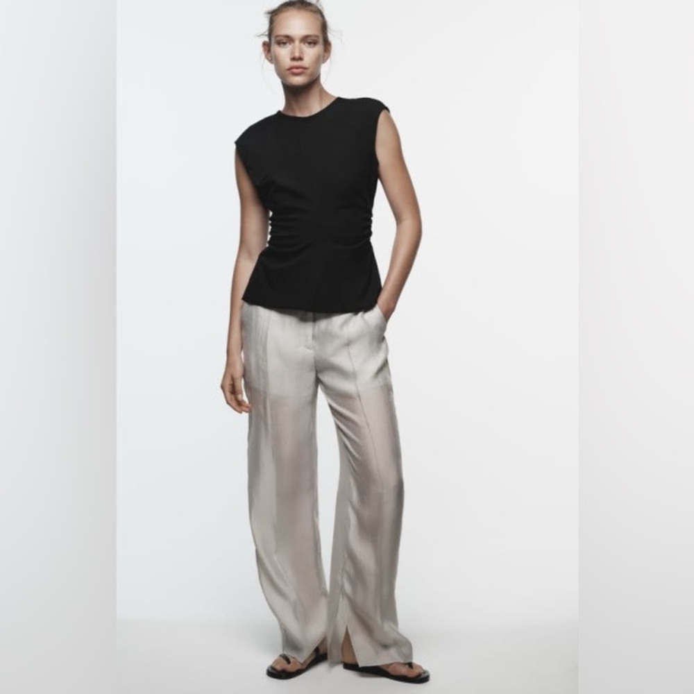 NWOT ZARA Silver Organza  Grey Sheen Sheer Wide Leg Trousers Pants Sz M